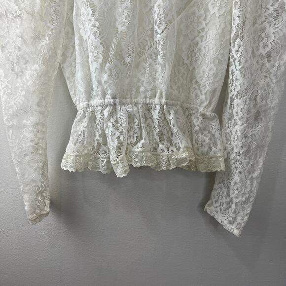 VINTAGE Victorian White Lace Ruffle Peplum Blouse Floral High Neck Back Button - Picture 3 of 4